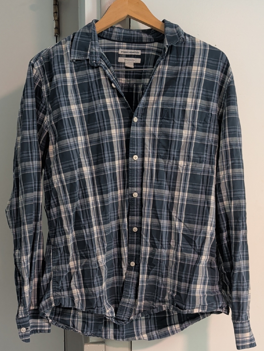 Amazon Essentials Blue and White Plaid Button-Down Shirt